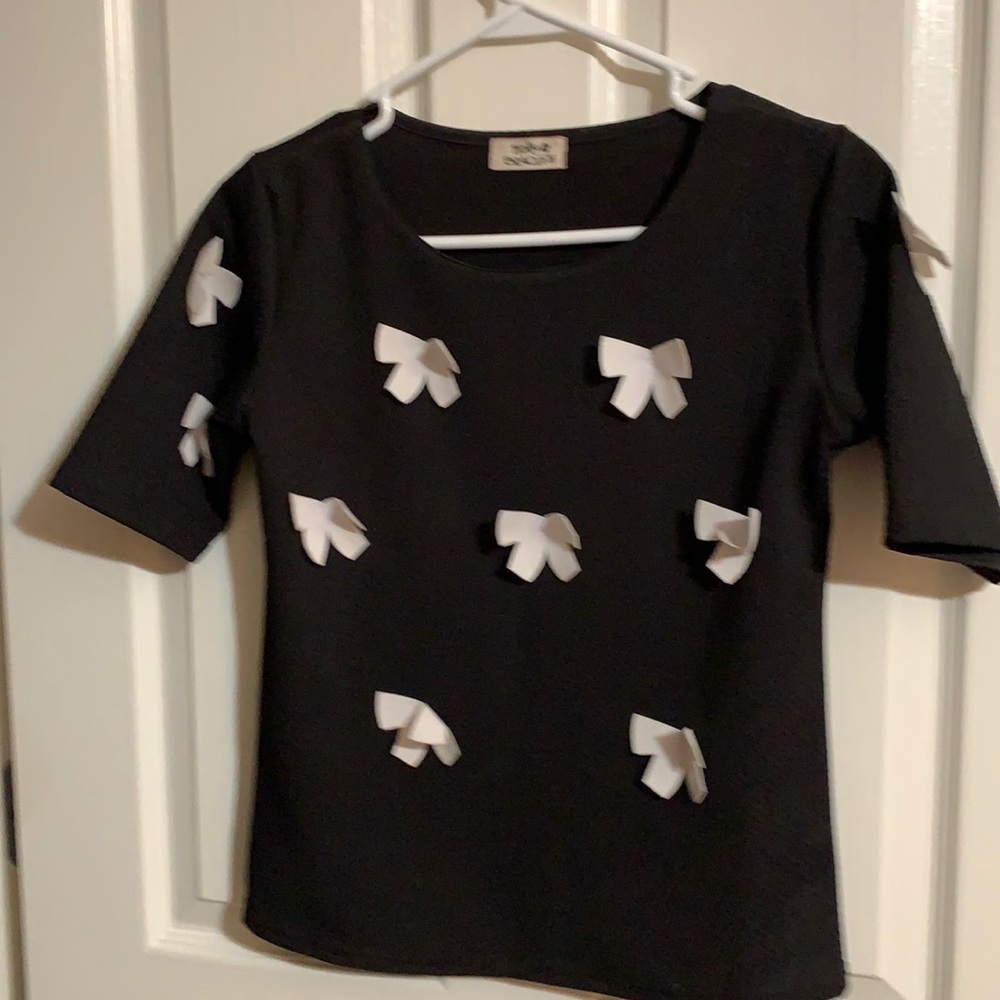 Holy Bracken Black Top w/ white bows. Scoop Neck